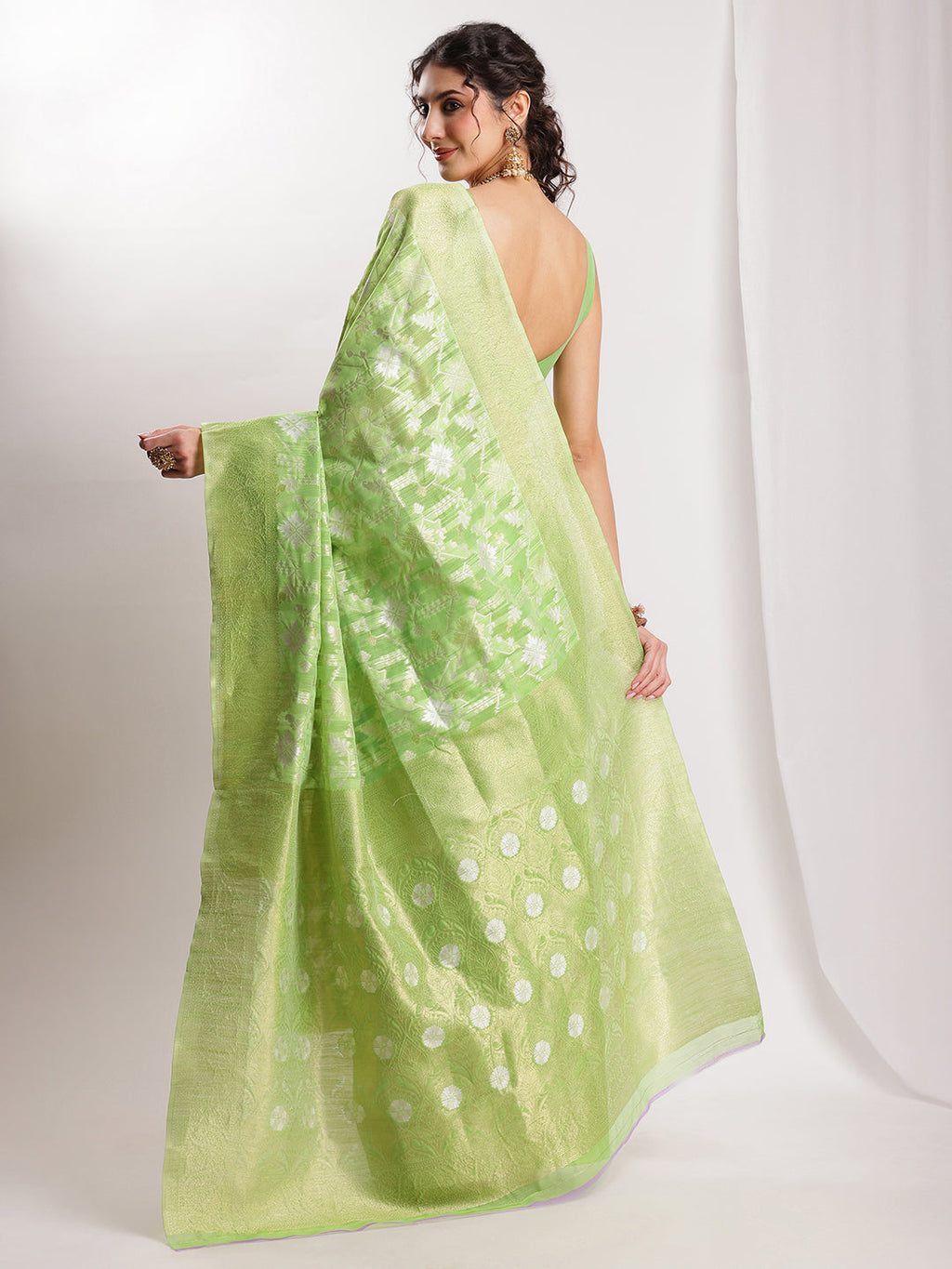 Janasya Green Silk Blend Geometric Jacquard Saree | Grocsy