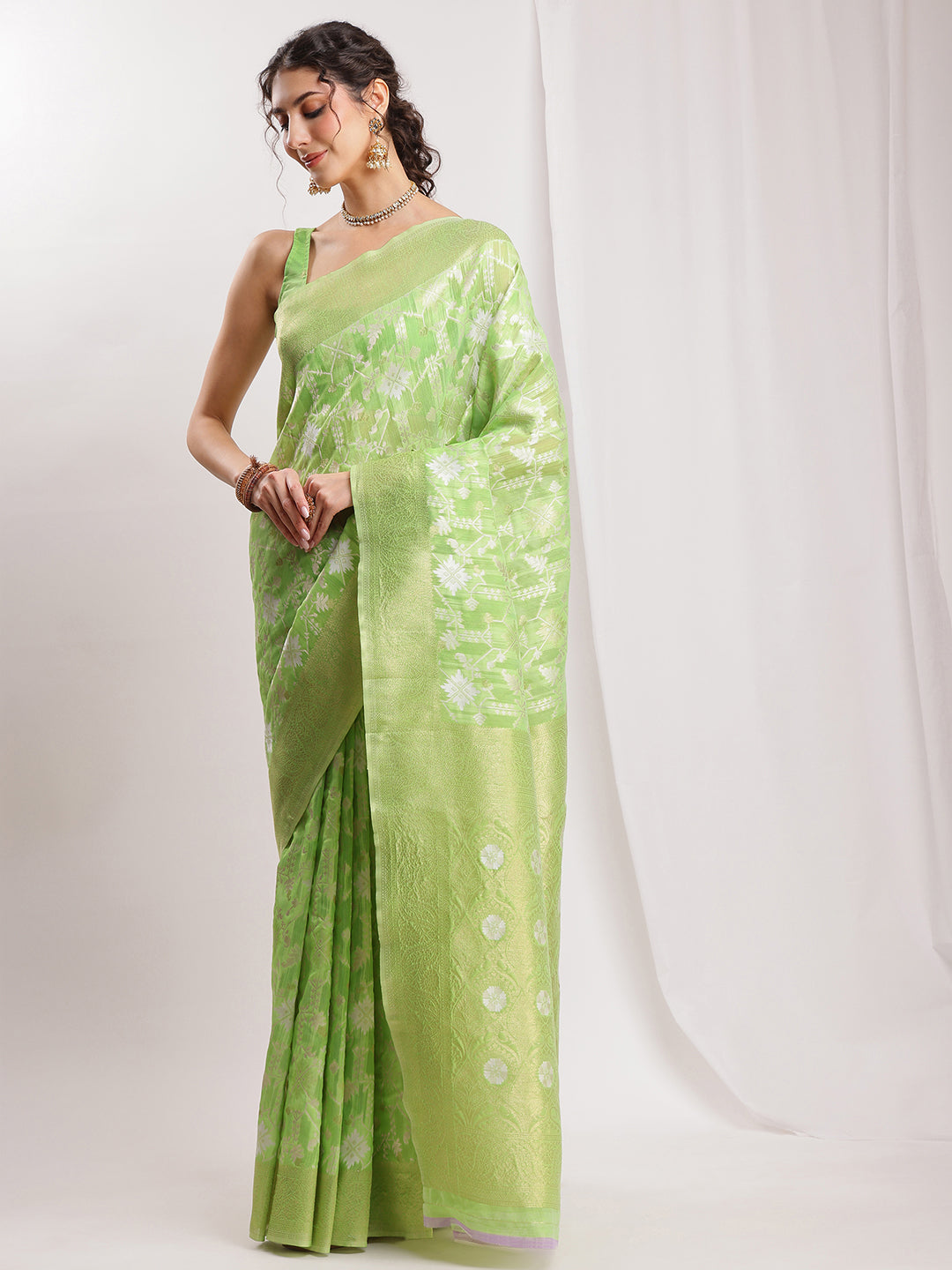 Janasya Green Silk Blend Geometric Jacquard Saree | Grocsy