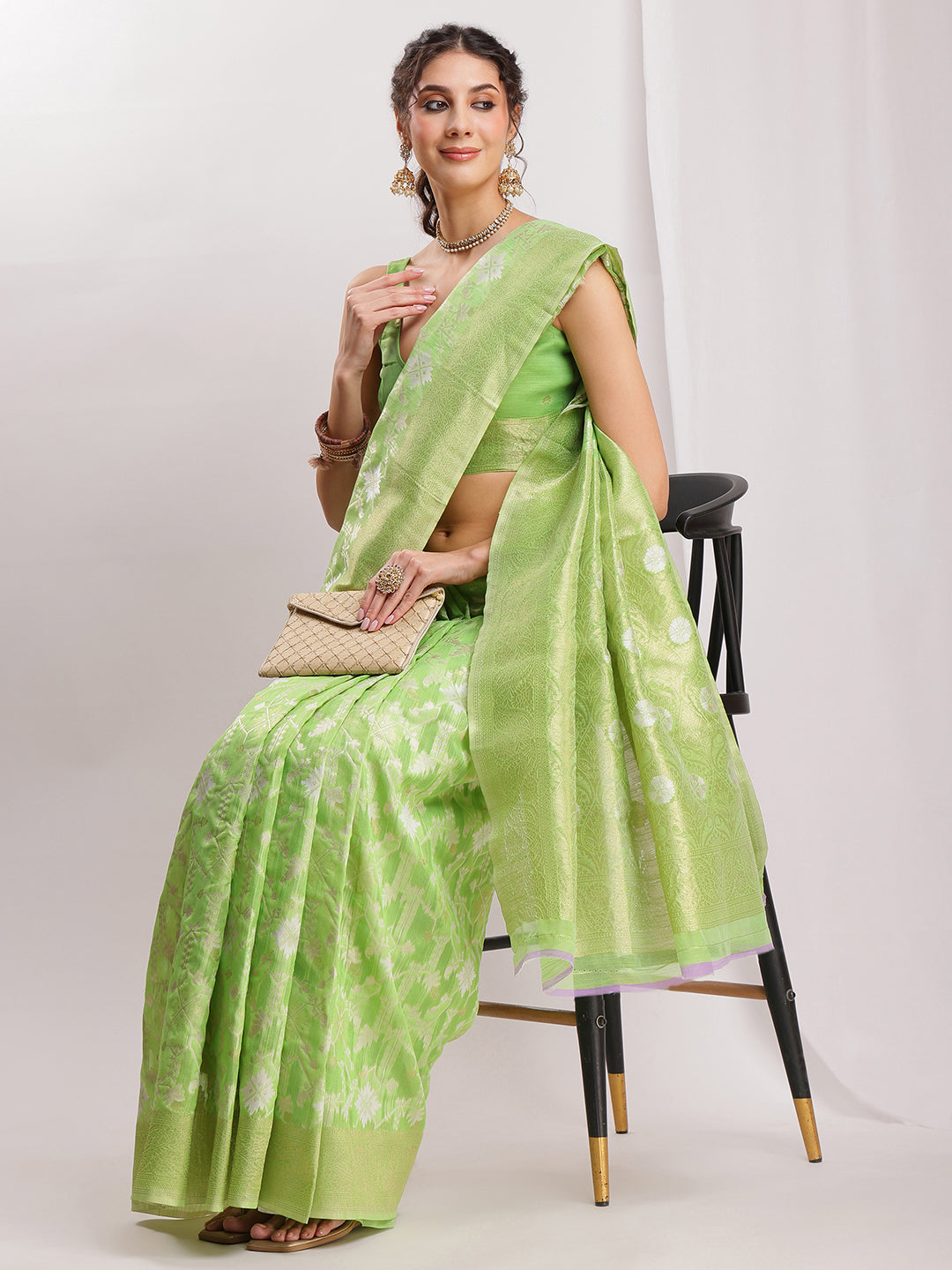 Janasya Green Silk Blend Geometric Jacquard Saree | Grocsy