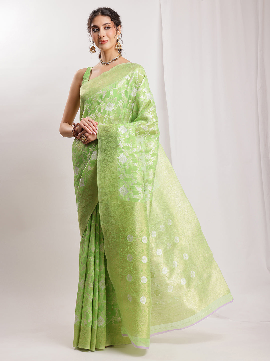 Janasya Green Silk Blend Geometric Jacquard Saree | Grocsy