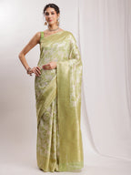 Janasya Green Silk Blend Geometric Jacquard Saree | Grocsy