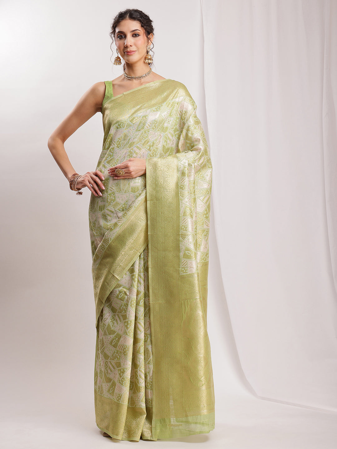 Janasya Green Silk Blend Geometric Jacquard Saree | Grocsy