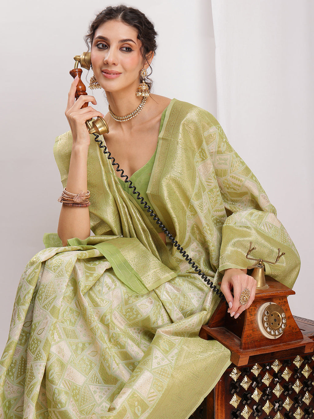 Janasya Green Silk Blend Geometric Jacquard Saree | Grocsy