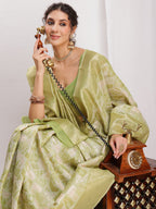 Janasya Green Silk Blend Geometric Jacquard Saree | Grocsy
