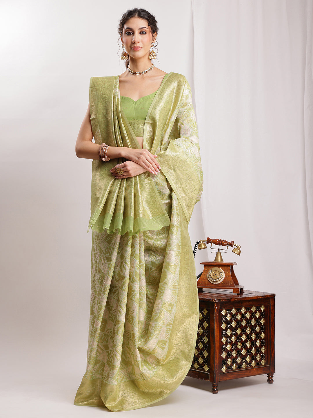 Janasya Green Silk Blend Geometric Jacquard Saree | Grocsy