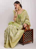 Janasya Green Silk Blend Geometric Jacquard Saree | Grocsy