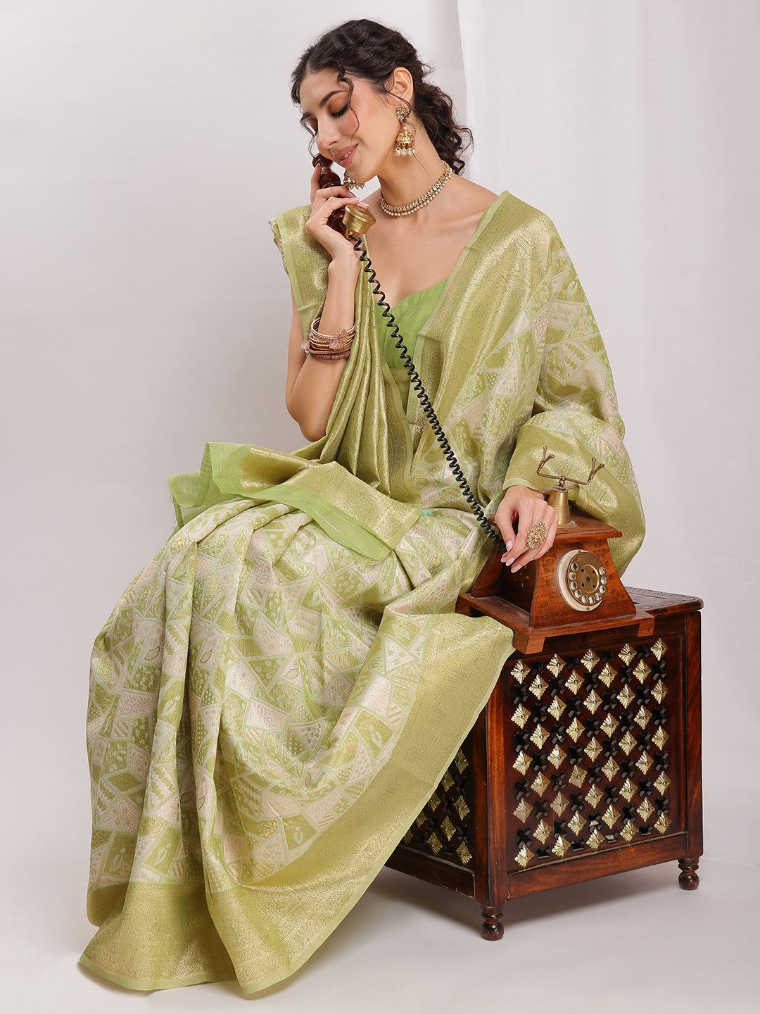 Janasya Green Silk Blend Geometric Jacquard Saree | Grocsy