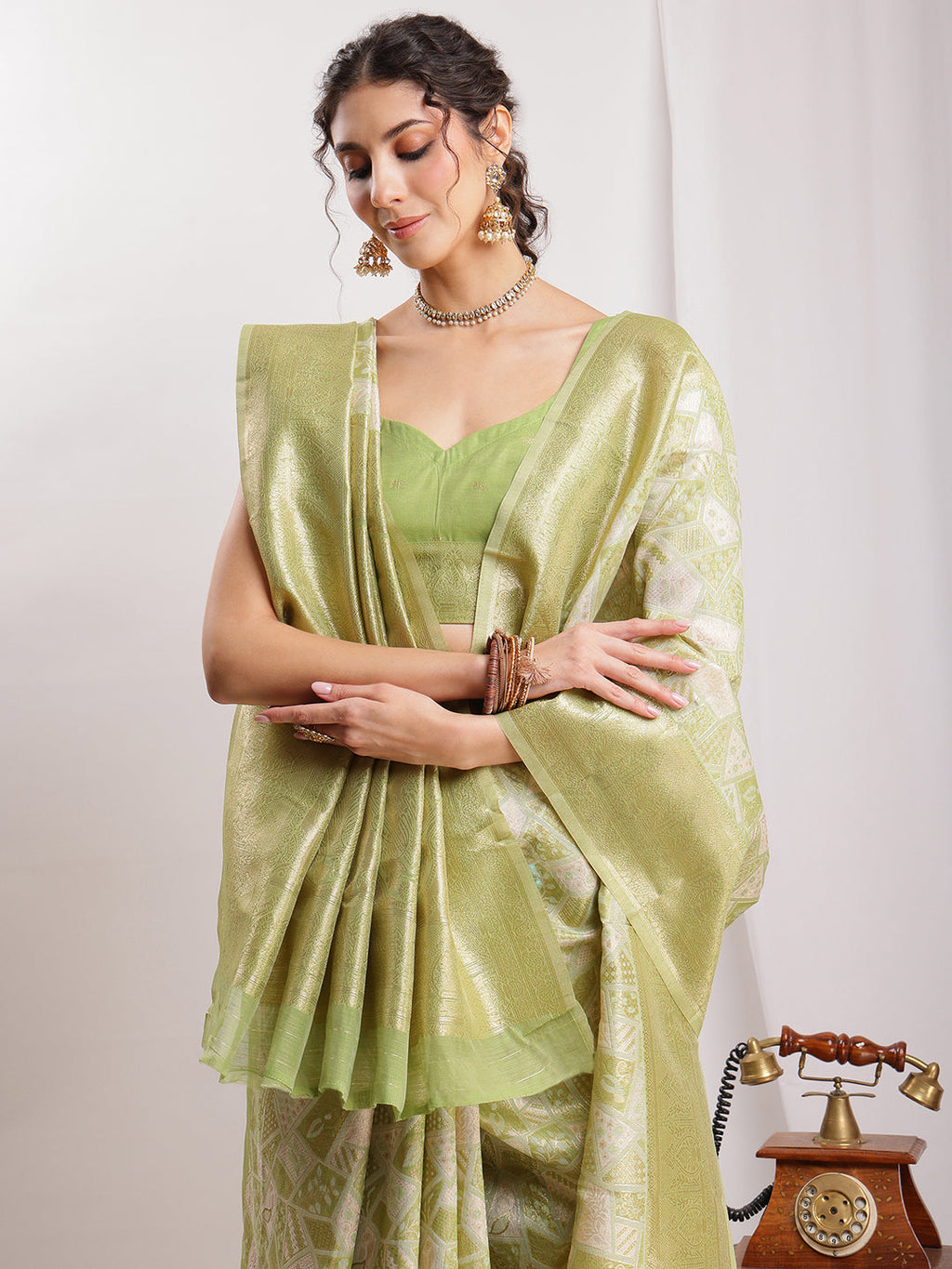 Janasya Green Silk Blend Geometric Jacquard Saree | Grocsy