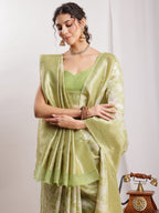 Janasya Green Silk Blend Geometric Jacquard Saree | Grocsy