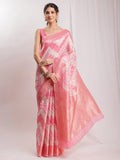 Janasya Peach Silk Blend Geometric Jacquard Saree | Grocsy