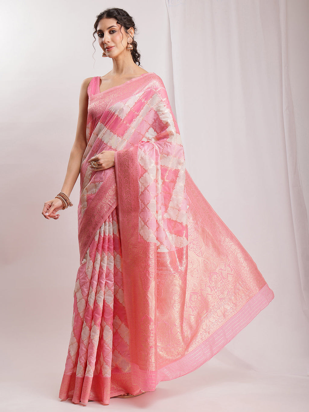 Janasya Peach Silk Blend Geometric Jacquard Saree | Grocsy