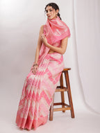 Janasya Peach Silk Blend Geometric Jacquard Saree | Grocsy