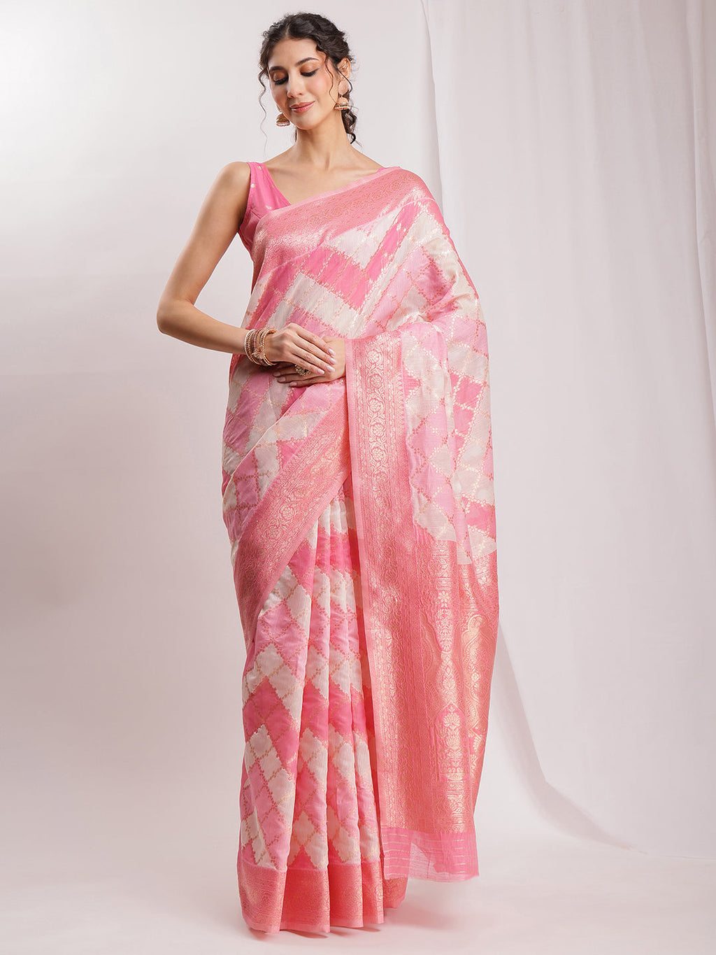 Janasya Peach Silk Blend Geometric Jacquard Saree | Grocsy