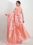 Janasya Peach Silk Blend Geometric Jacquard Saree | Grocsy