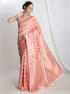 Janasya Peach Silk Blend Geometric Jacquard Saree | Grocsy