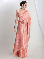 Janasya Peach Silk Blend Geometric Jacquard Saree | Grocsy