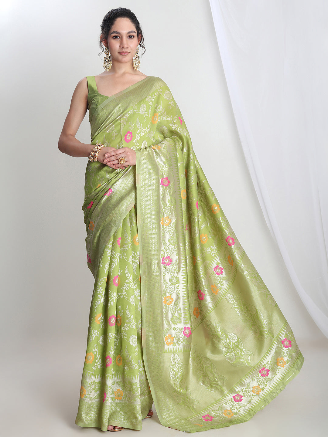 Janasya Green Silk Blend Floral Jacquard Saree | Grocsy
