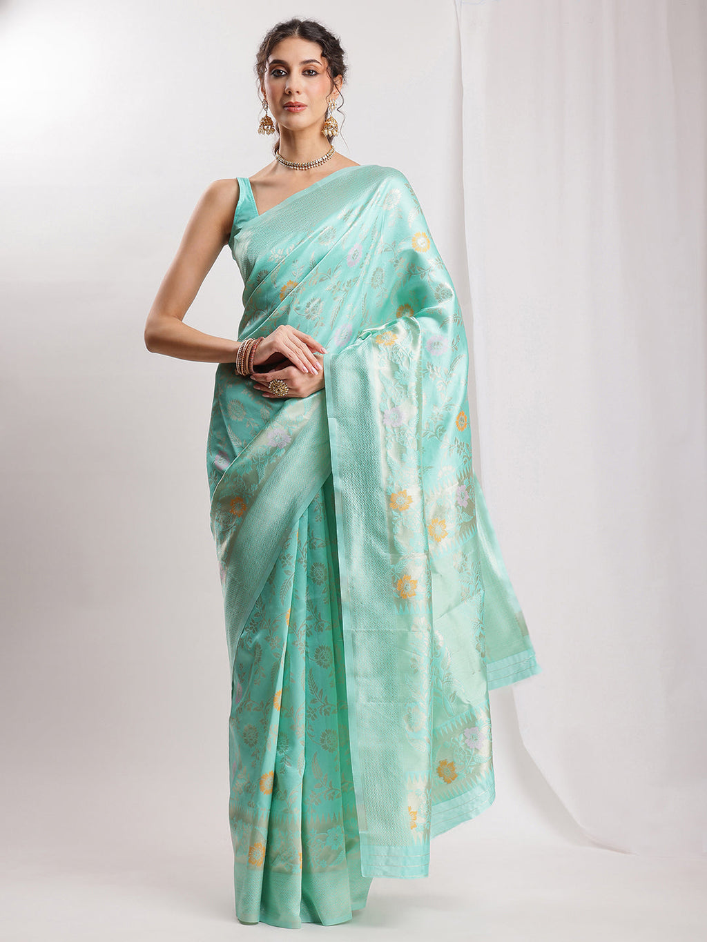 Janasya Sea Green Silk Blend Floral Jacquard Saree | Grocsy