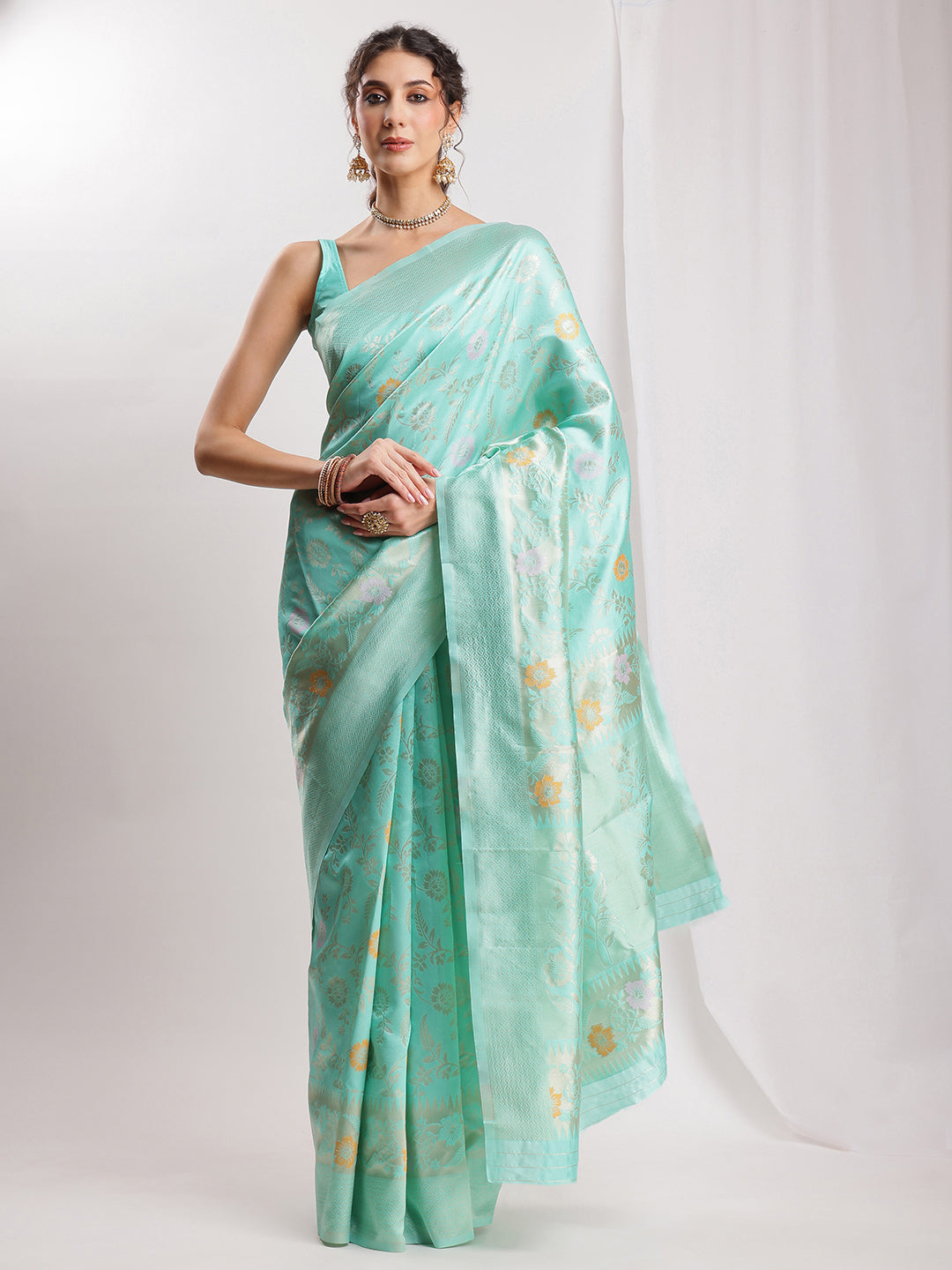 Janasya Sea Green Silk Blend Floral Jacquard Saree | Grocsy