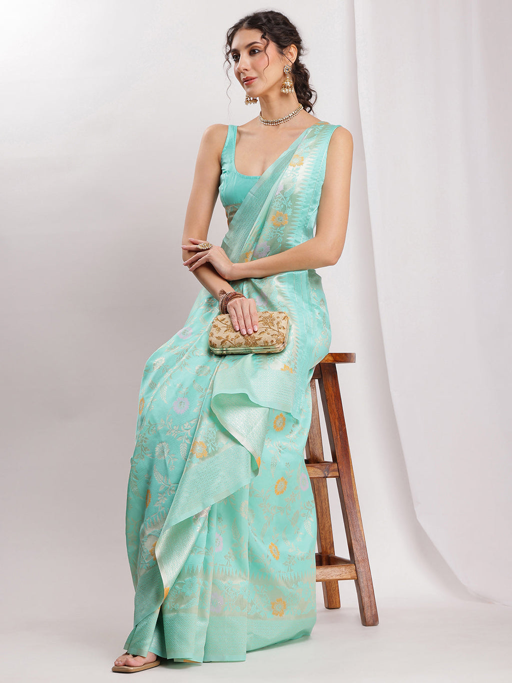 Janasya Sea Green Silk Blend Floral Jacquard Saree | Grocsy