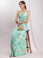 Janasya Sea Green Silk Blend Floral Jacquard Saree | Grocsy