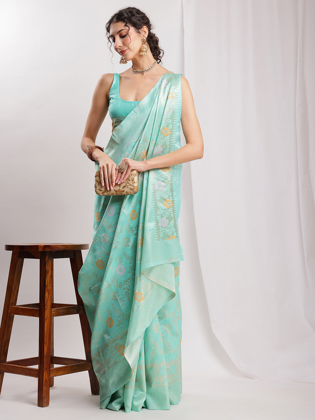 Janasya Sea Green Silk Blend Floral Jacquard Saree | Grocsy