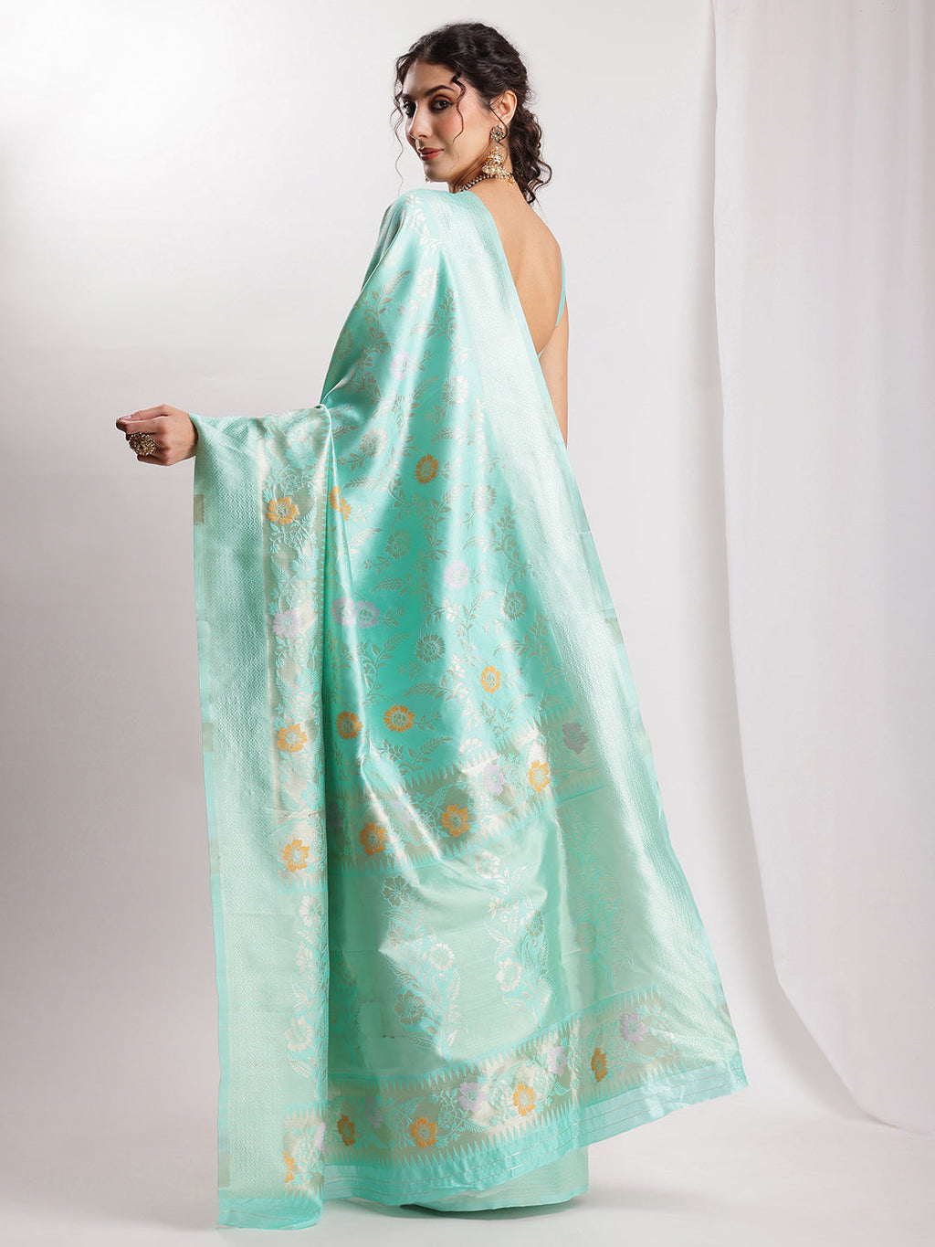 Janasya Sea Green Silk Blend Floral Jacquard Saree | Grocsy