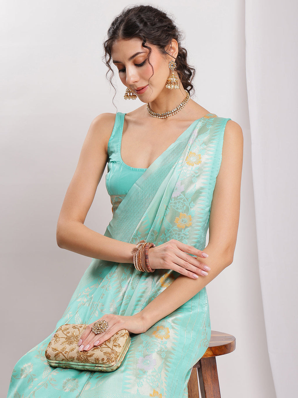 Janasya Sea Green Silk Blend Floral Jacquard Saree | Grocsy