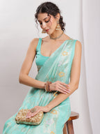 Janasya Sea Green Silk Blend Floral Jacquard Saree | Grocsy