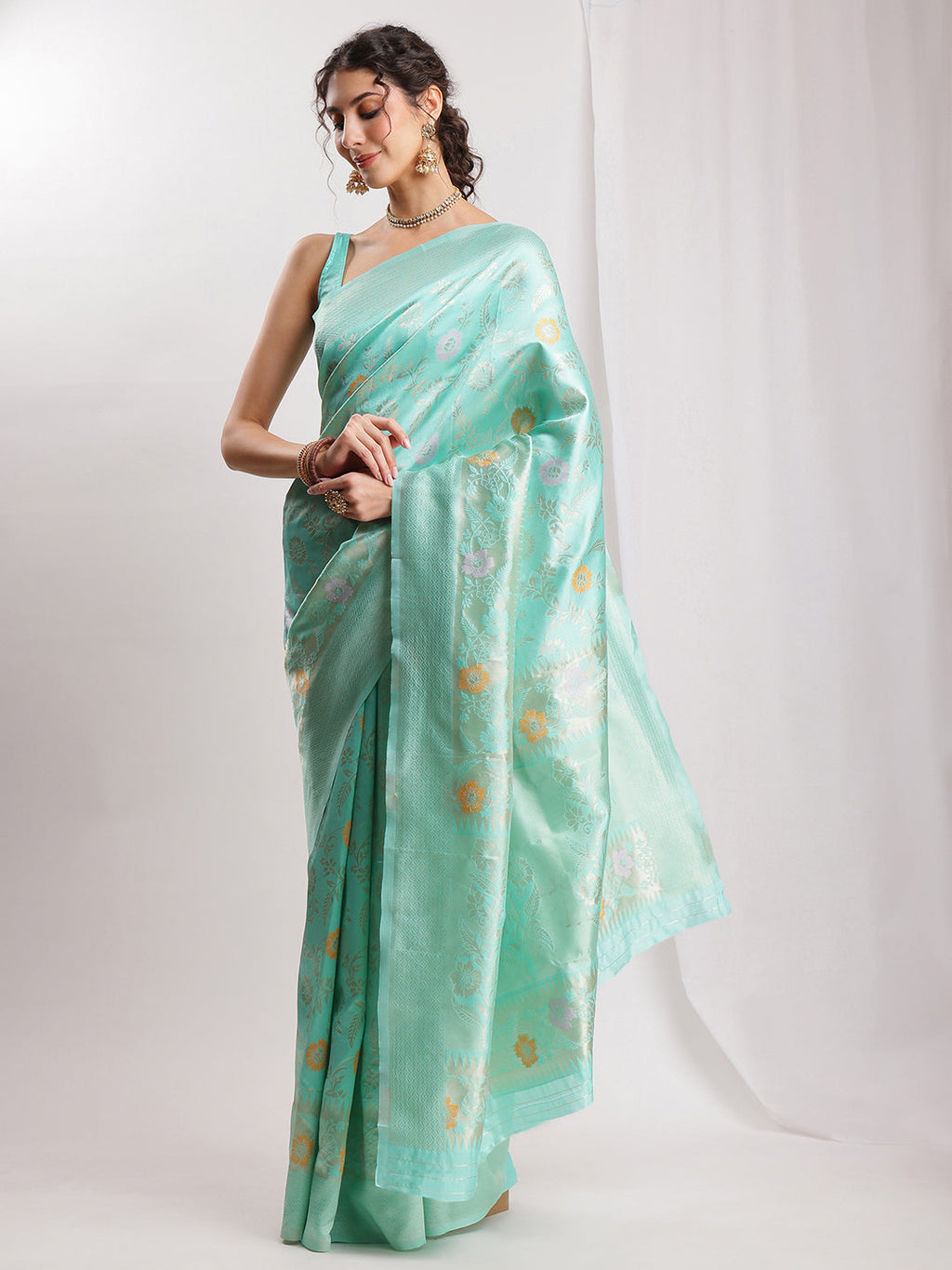 Janasya Sea Green Silk Blend Floral Jacquard Saree | Grocsy