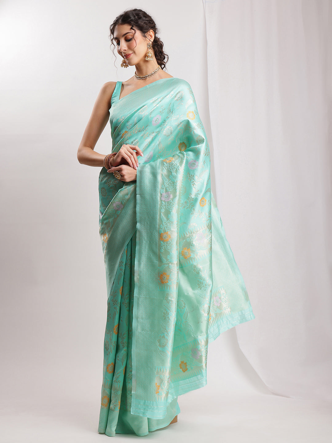 Janasya Sea Green Silk Blend Floral Jacquard Saree | Grocsy