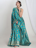 Janasya Teal Blue Silk Blend Floral Jacquard Saree | Grocsy