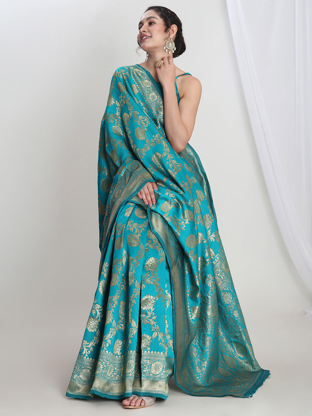 Janasya Teal Blue Silk Blend Floral Jacquard Saree | Grocsy