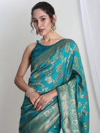 Janasya Teal Blue Silk Blend Floral Jacquard Saree | Grocsy