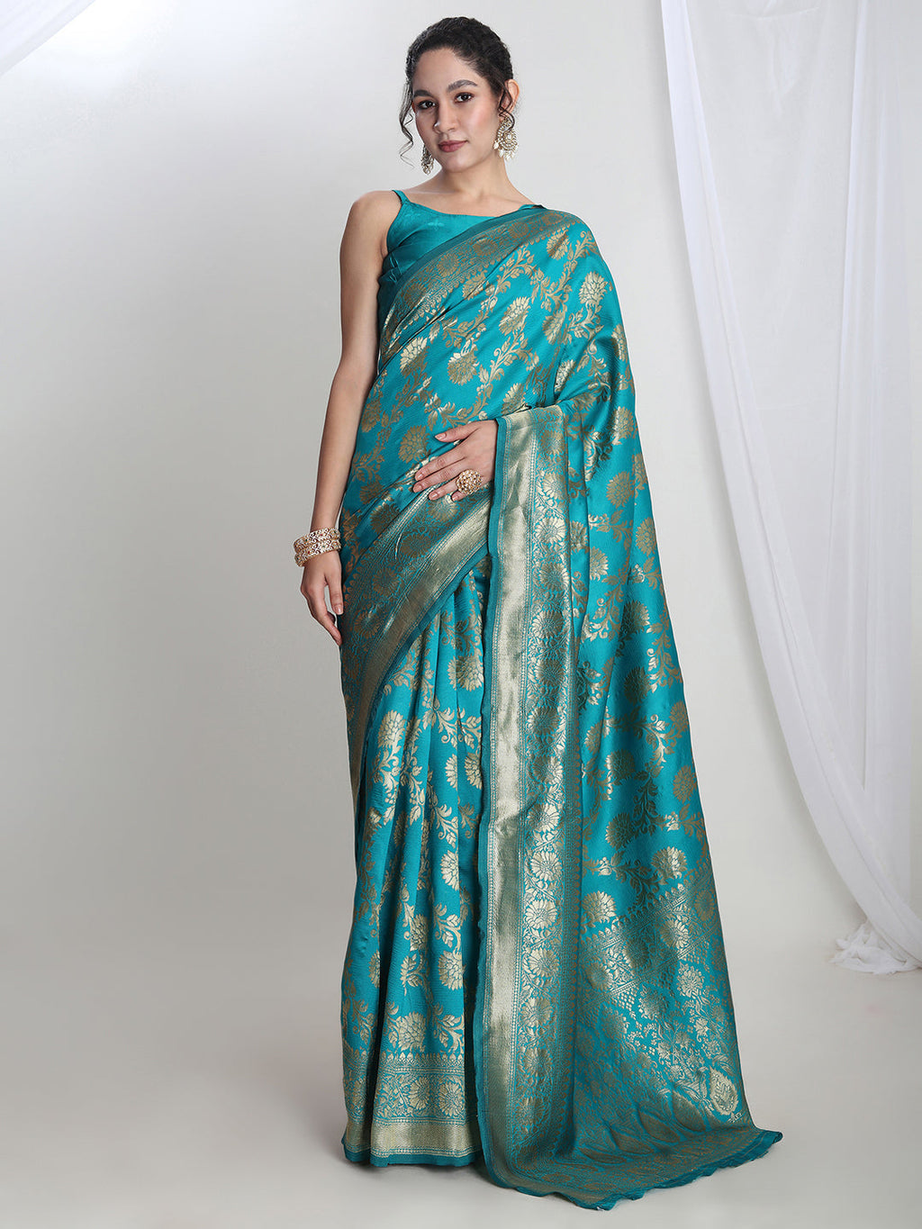 Janasya Teal Blue Silk Blend Floral Jacquard Saree | Grocsy