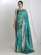 Janasya Teal Blue Silk Blend Floral Jacquard Saree | Grocsy