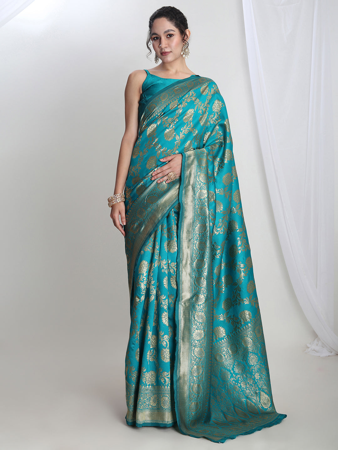 Janasya Teal Blue Silk Blend Floral Jacquard Saree | Grocsy