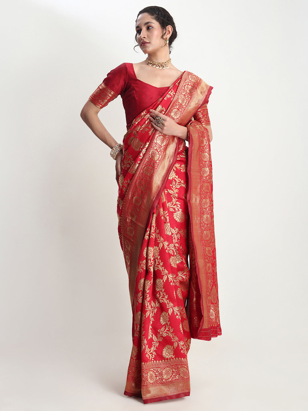 Janasya Red Silk Blend Floral Jacquard Saree | Grocsy