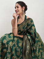 Janasya Dark Green Silk Blend Floral Jacquard Saree | Grocsy
