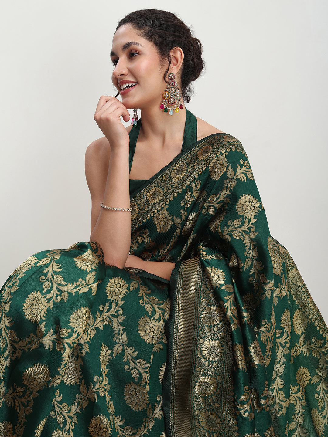 Janasya Dark Green Silk Blend Floral Jacquard Saree | Grocsy