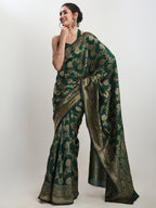 Janasya Dark Green Silk Blend Floral Jacquard Saree | Grocsy