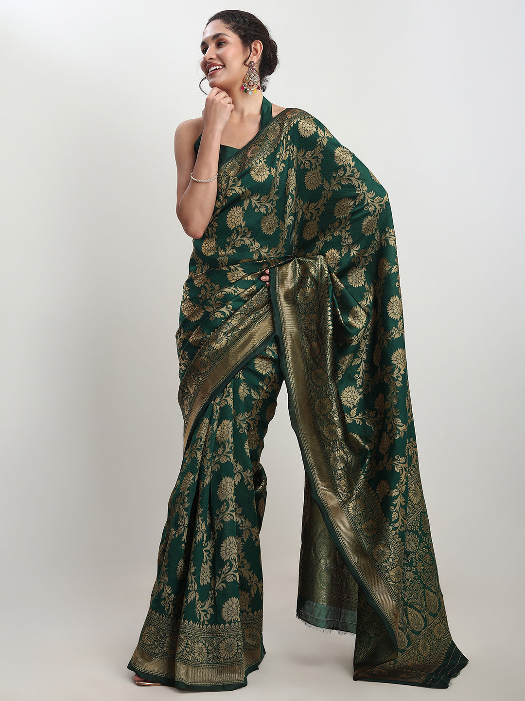 Janasya Dark Green Silk Blend Floral Jacquard Saree | Grocsy
