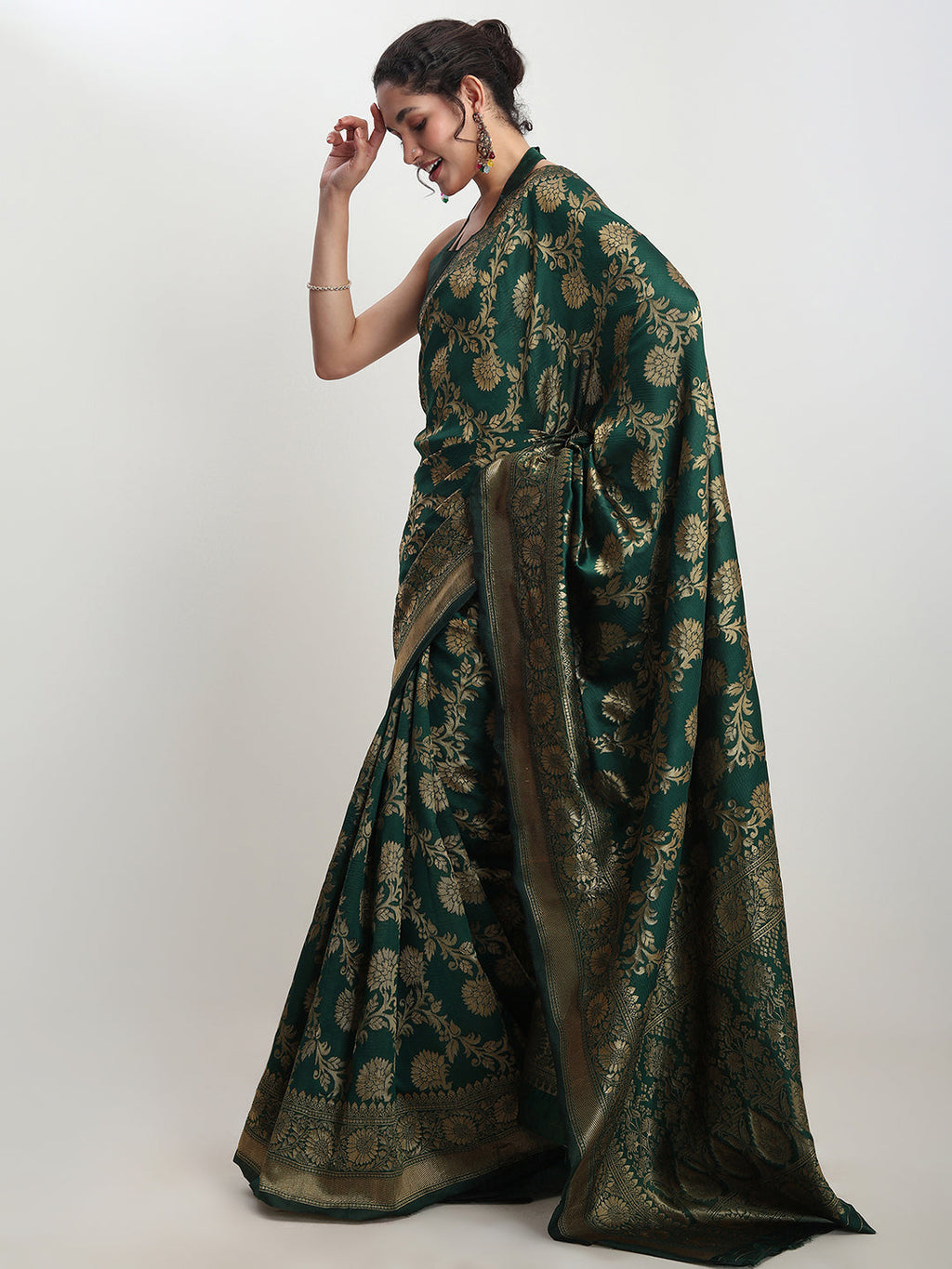 Janasya Dark Green Silk Blend Floral Jacquard Saree | Grocsy