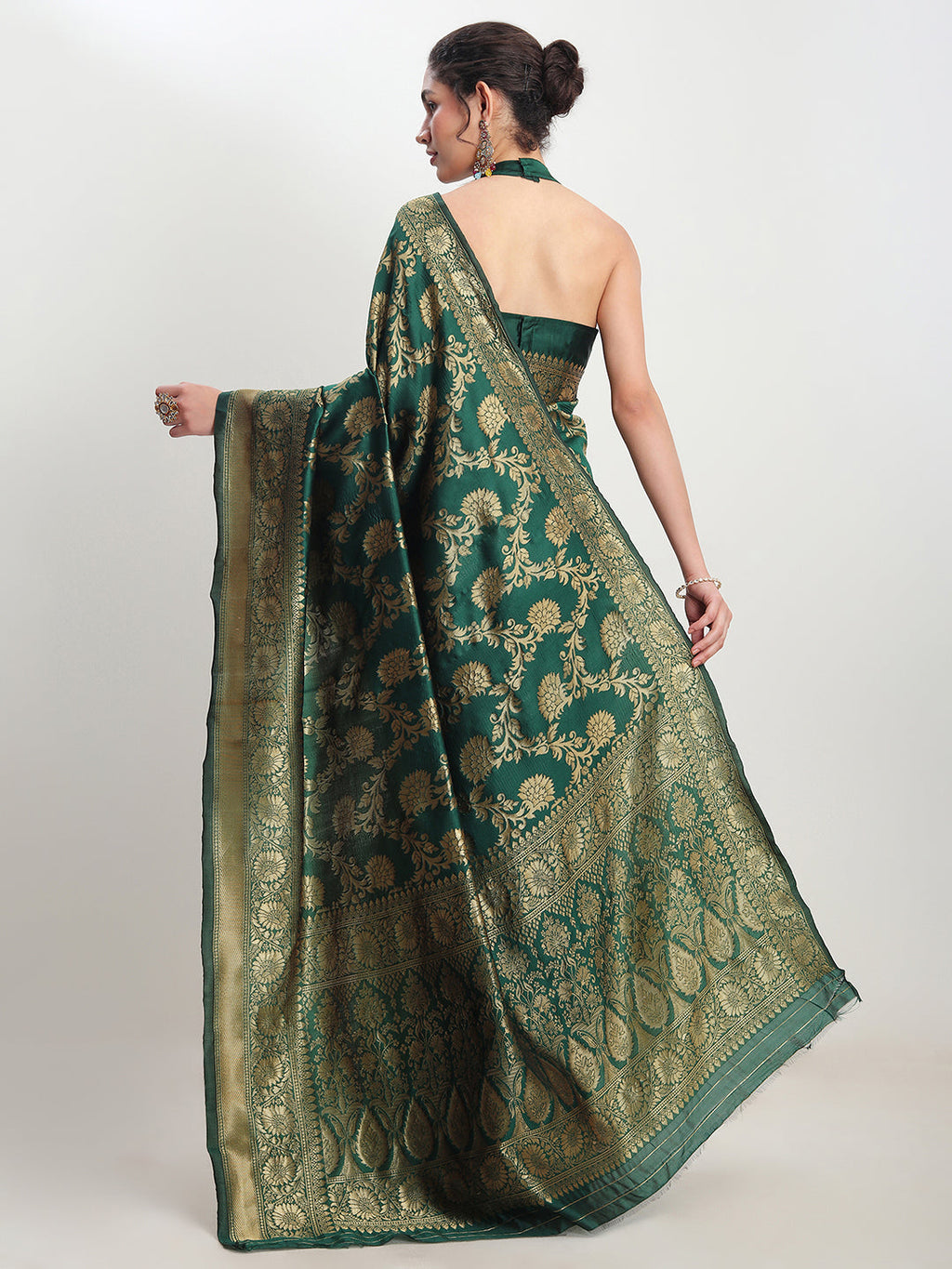 Janasya Dark Green Silk Blend Floral Jacquard Saree | Grocsy