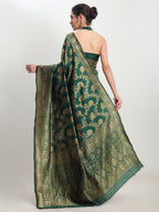 Janasya Dark Green Silk Blend Floral Jacquard Saree | Grocsy