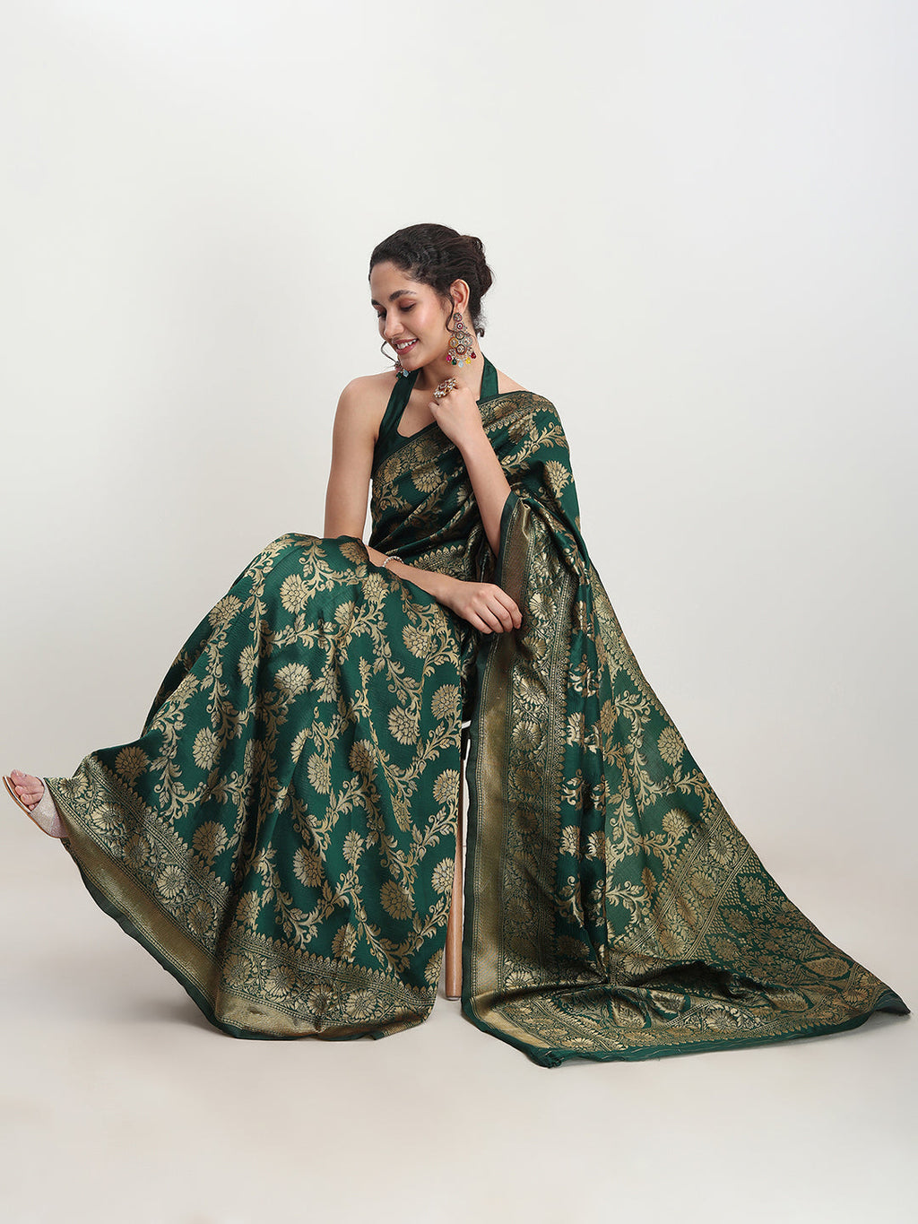 Janasya Dark Green Silk Blend Floral Jacquard Saree | Grocsy