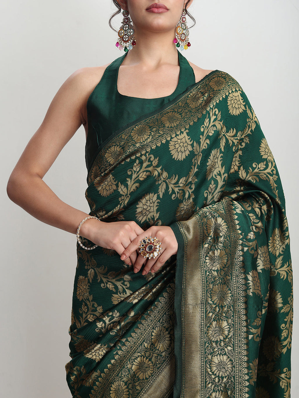 Janasya Dark Green Silk Blend Floral Jacquard Saree | Grocsy