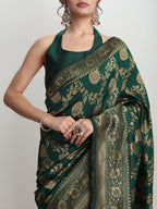 Janasya Dark Green Silk Blend Floral Jacquard Saree | Grocsy