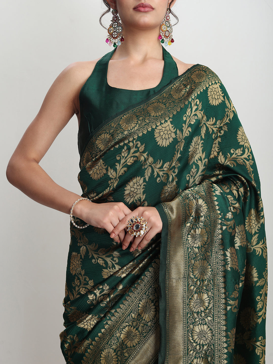Janasya Dark Green Silk Blend Floral Jacquard Saree | Grocsy