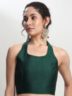 Janasya Dark Green Silk Blend Floral Jacquard Saree | Grocsy